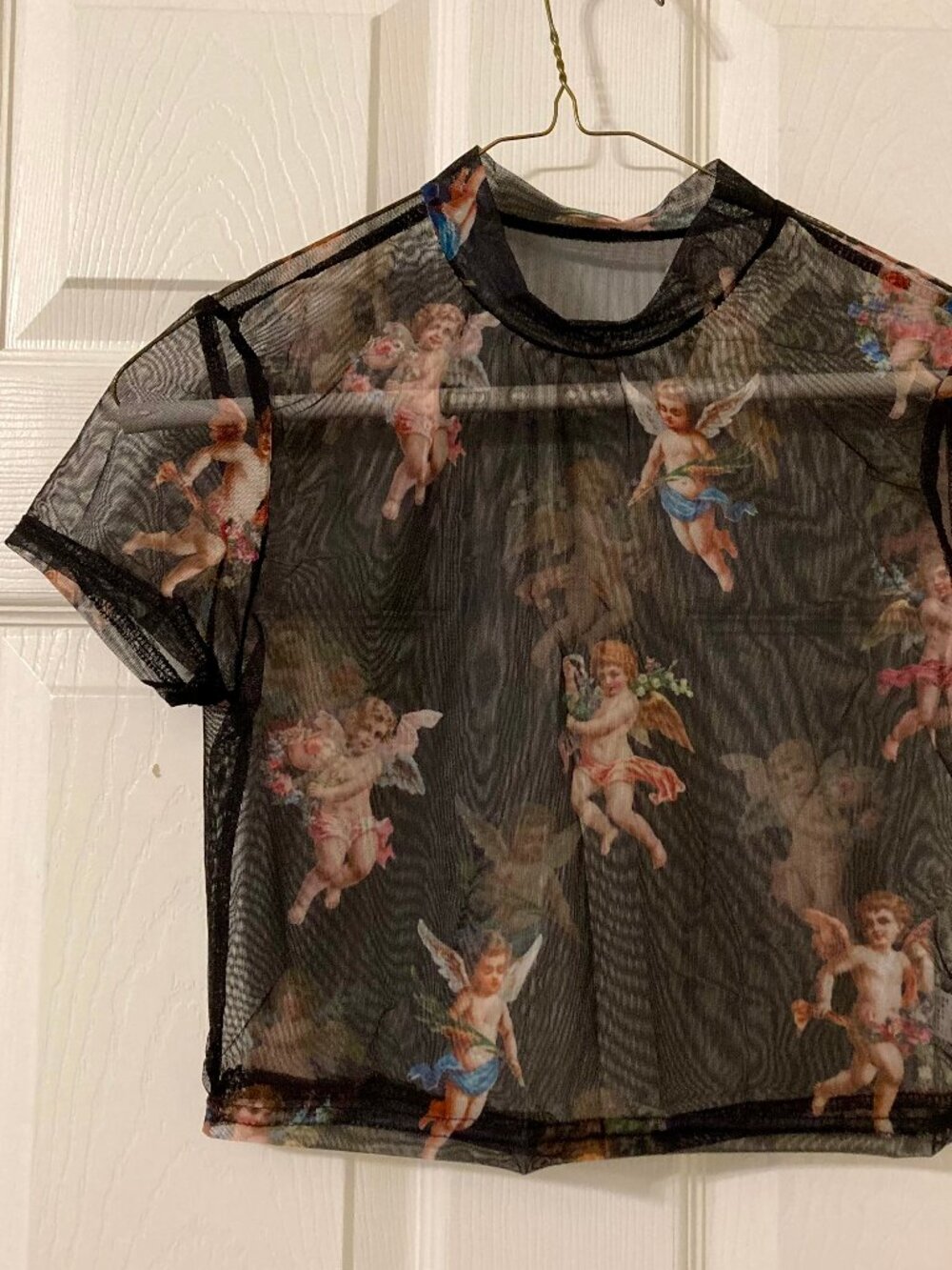 Excellent Condition, SZ M (see measurements) Mesh Crop Top, Black w/ Cherubs